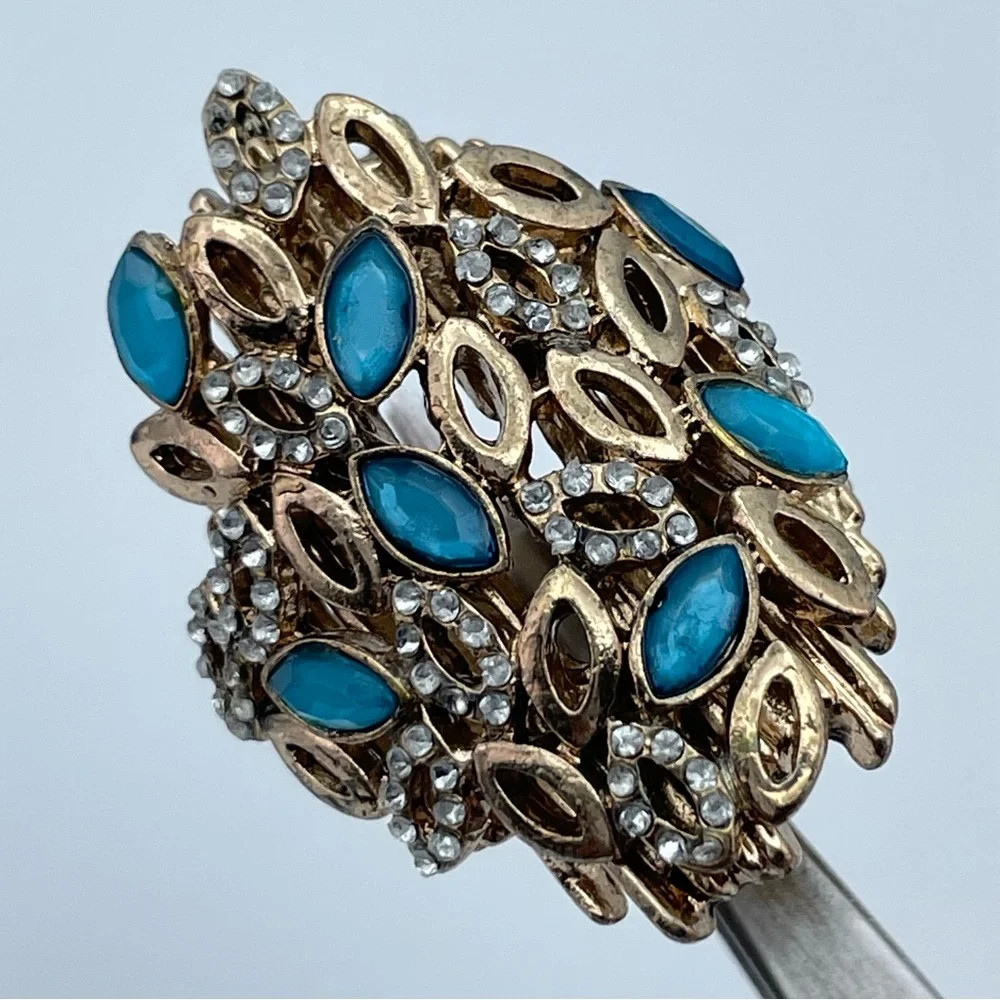 Vintage Gold-Tone Cocktail Ring with Blue Glass and Rhinestones Art Deco Sz 6